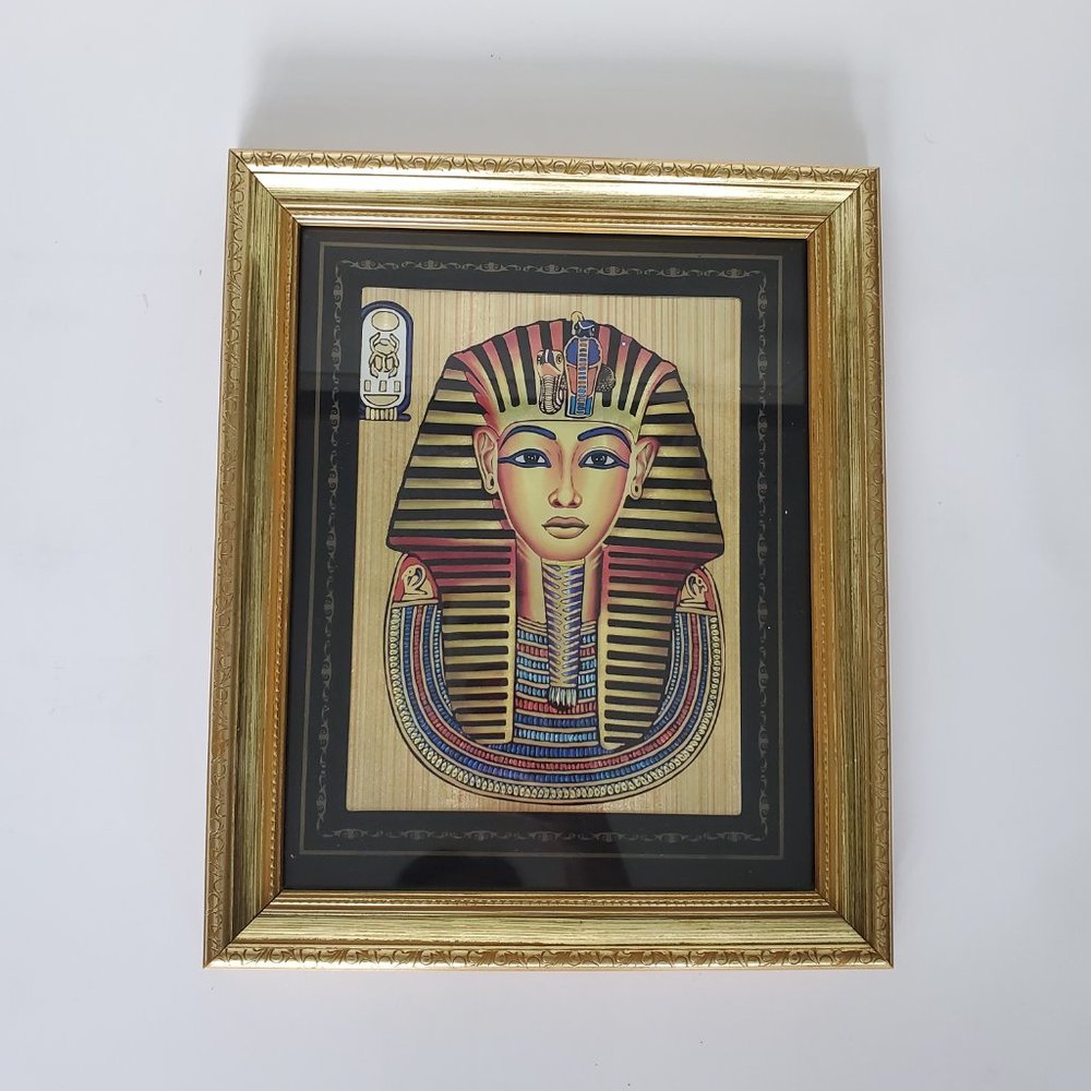 VINTAGE King Tut Foil Art Portrait Tutankhamen Gold Tone Metal Frame Iridescent